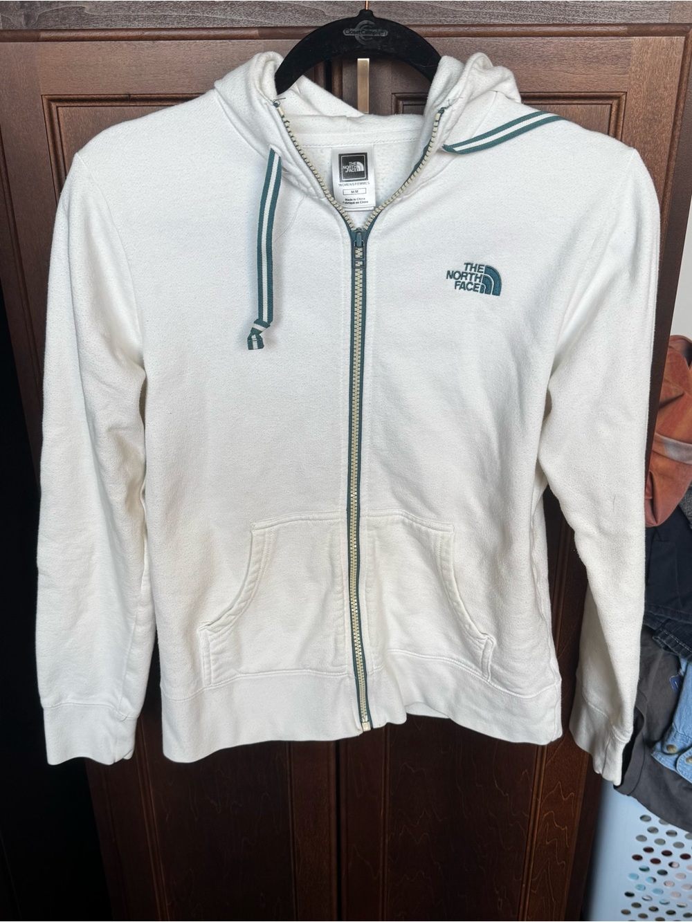 The North Face Vintage Full Zip Hoodie Cream White Teal Embroidered Medium